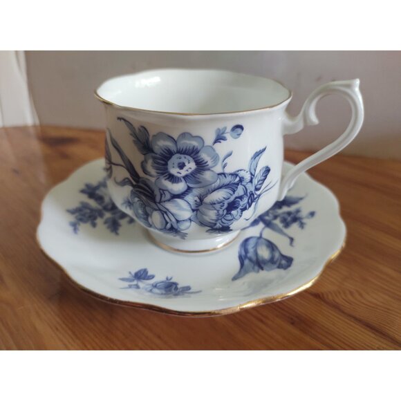 Vintage Royal Albert Cup & Saucer Set Blue Cabbage Rose & Floral 1960's - Picture 1 of 12